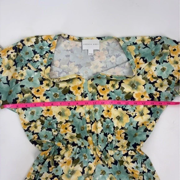 French Grey Dress Yellow/ Green Floral V Neck Tie Waist Short Sleeve- Med - Picture 5 of 6